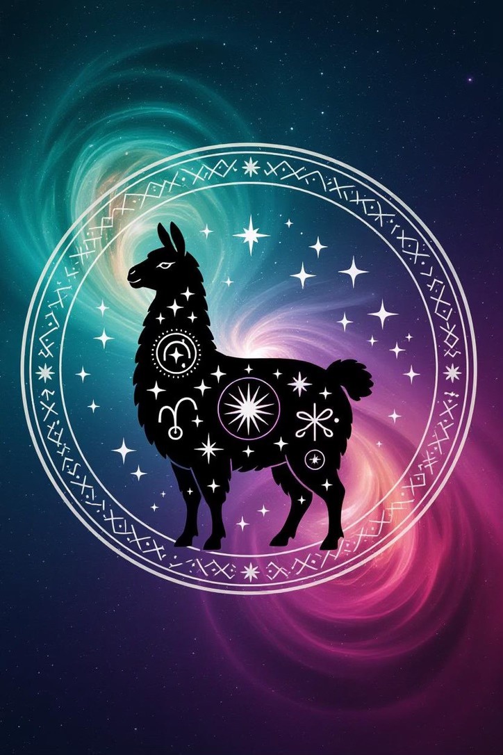 Cosmic Llama application design studio logo: llama silhouette with celestial constellation symbols inside an ornate mandala ring, set against a swirling cyan, purple, and magenta nebula